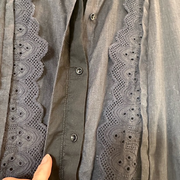 On This Note Noa Noa Linen Dress XS Navy Blue Ruffles & Lace Victoria Collar - Picture 4 of 11